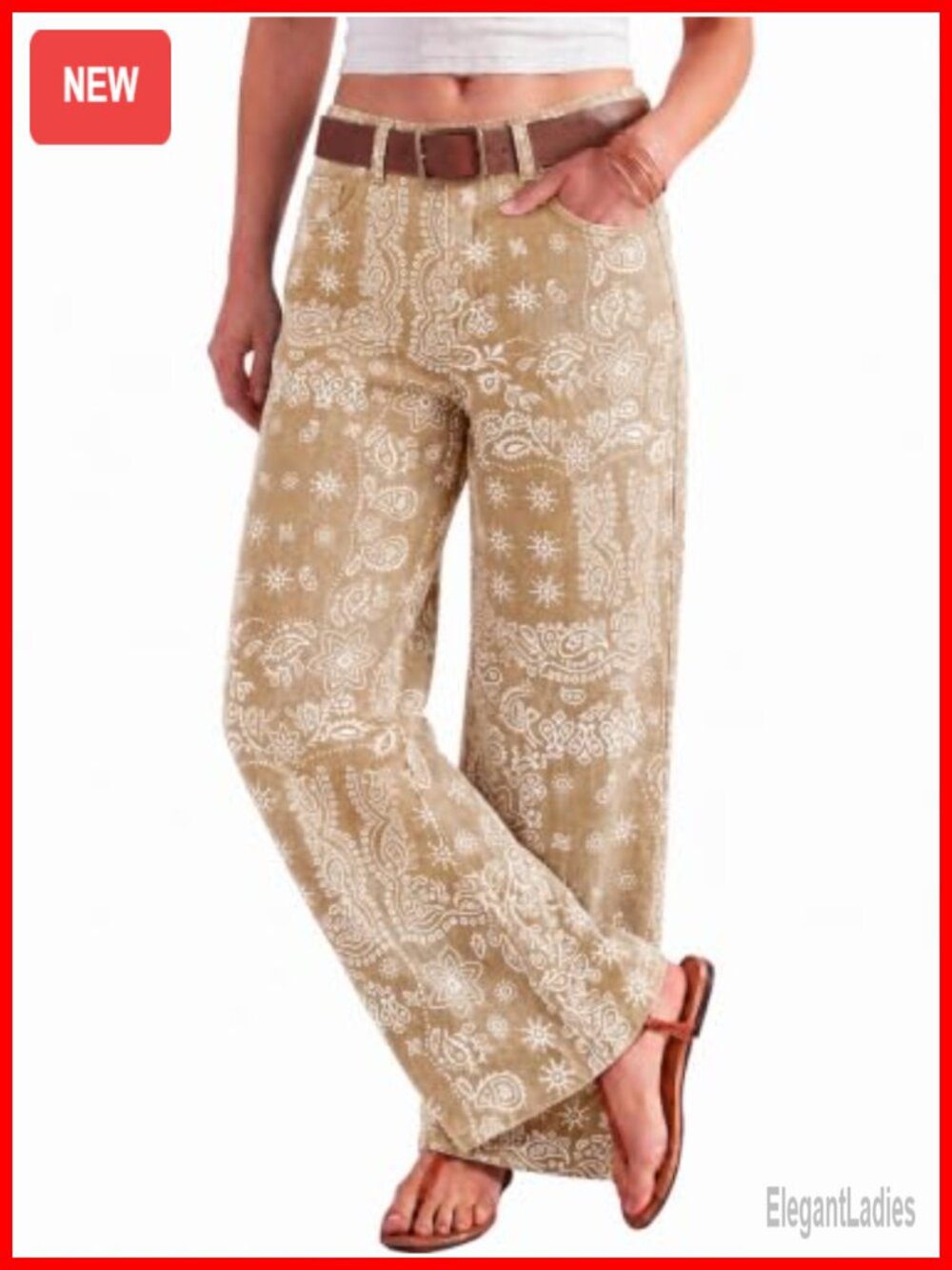 Boho Floral Print Baggy Wide Leg High Waist Jeans with Pockets